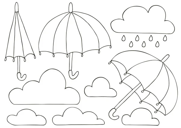Herfst Set Van Vectorillustraties Handgetekende Stijl Monochrome Poster Met Wolken — Stockvector