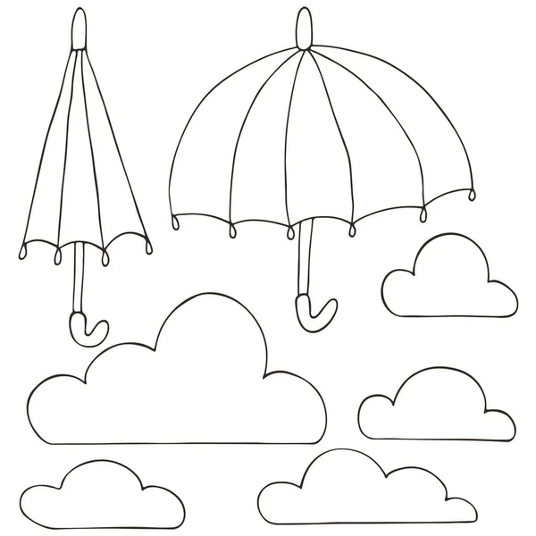 Осінь Набір Векторних Ілюстрацій Ручному Мальованому Стилі Монохромний Плакат Хмарами — стоковий вектор