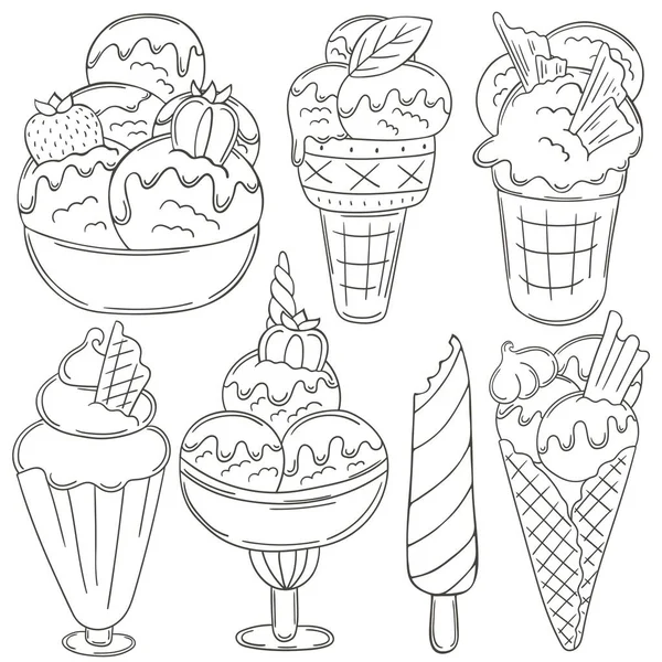 一组矢量插图手绘风格 给冰淇淋着色 收集的贴纸 杯子里的冰淇淋 甜冰块 — 图库矢量图片