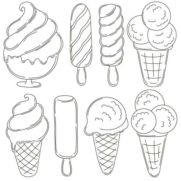Монохромные Иллюстрации Стиле Ручной Работы Сладкие Десерты Мороженое Коллекция Стикеров — стоковый вектор