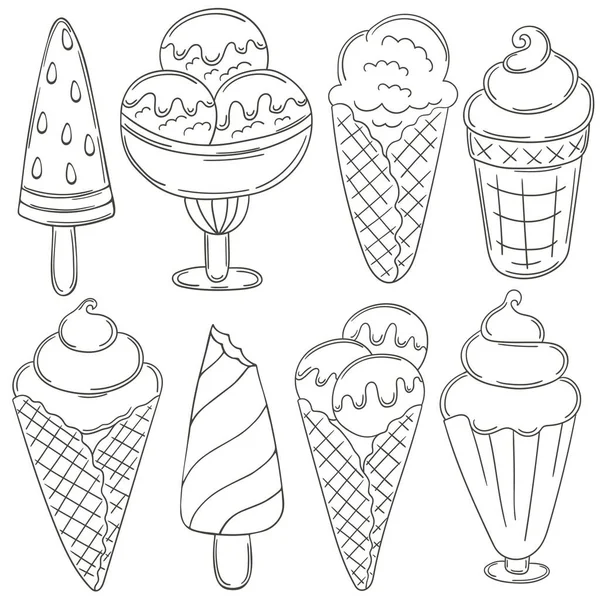 Монохромные Иллюстрации Стиле Ручной Работы Сладкие Десерты Мороженое Коллекция Икон — стоковый вектор