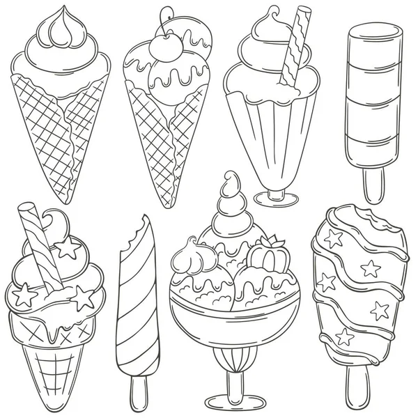 Монохромное Мороженое Набор Векторных Иллюстраций Стиле Ручного Рисования Собрание Знаков — стоковый вектор