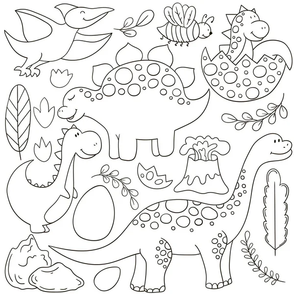 Набор Векторных Иллюстраций Ручном Рисовании Цветные Рисунки Плакат Любителей Динозавров — стоковый вектор