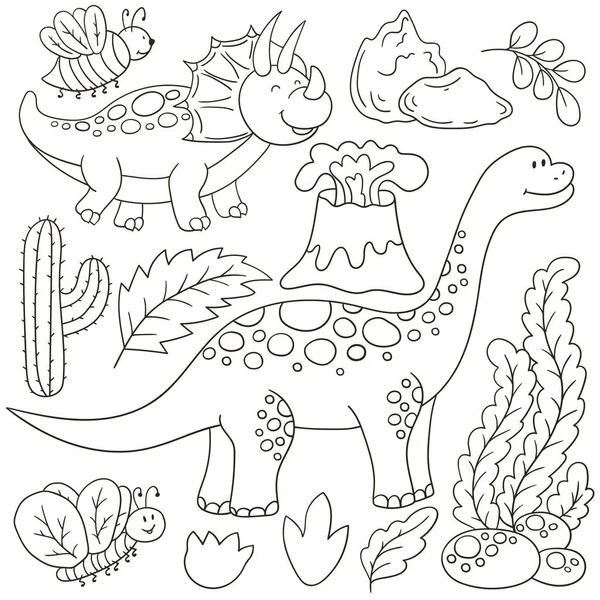 Uppsättning Vektorillustrationer Handritad Stil Färgläggning Ritningar Affisch För Dinosaurie Älskare — Stock vektor