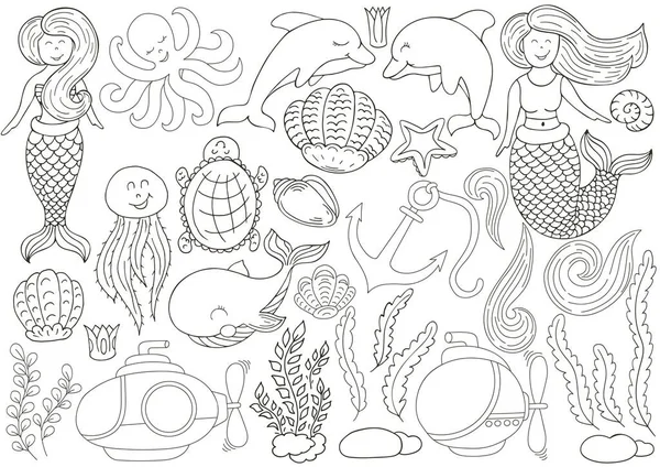 アイコンやデザイン要素の大きなセット 海とその素晴らしい住民 モノクローム手描きでイラスト アイコン サイン ステッカーのコレクション — ストックベクタ