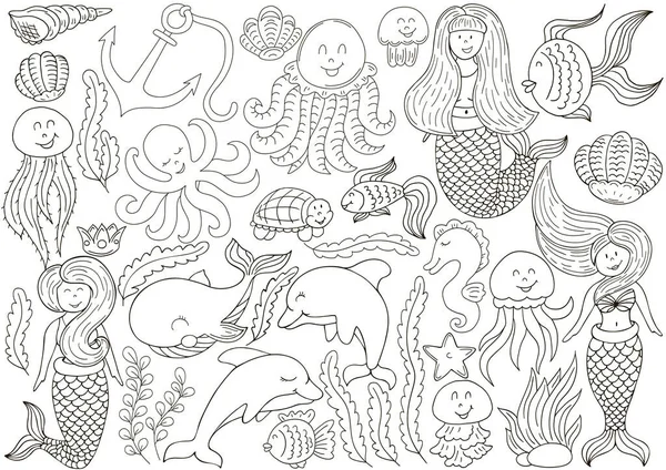 アイコンやデザイン要素の大きなセット 海とその素晴らしい住民 モノクローム イラスト 手描きスタイル — ストックベクタ