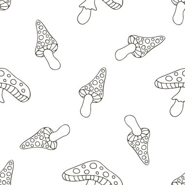 Orman mantarlarıyla kusursuz desen. Amanitalar. Elde çizim stili. Amanitalar