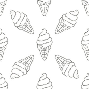 Yaz. Waffle külahında tatlı dondurma, pürüzsüz desen. Soğuk tatlıyla boyama kalıbı. Kumaş tasarımı için yazdır