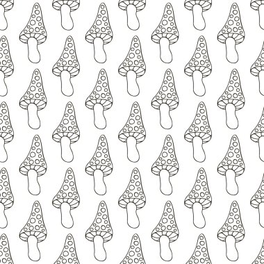 Amanitalar. Mutfak, restoran ya da dükkan için kusursuz desen. Elde çizim stili. Kumaş ve benzeri şeyler için kullanılabilir.