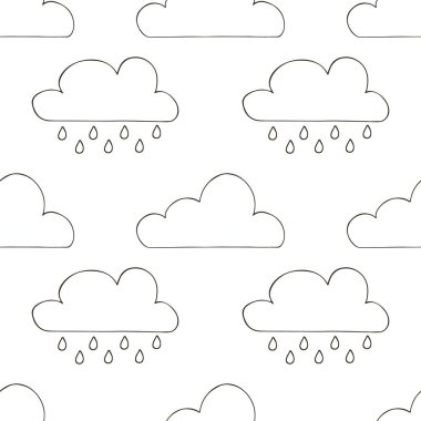 Bulutlu kusursuz desen. Yağmur. Elde çizim stili. Kumaş, ambalaj vs. için kullanılabilir
