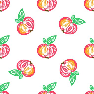 Fruit seamless pattern. Apples. Children's drawings with wax crayons. Print for cloth design, textile, fabric, wallpaper