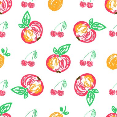 Fruit seamless pattern. Children's drawings with wax crayons. Apples, cherries. Print for cloth design, textile, fabric, wallpaper