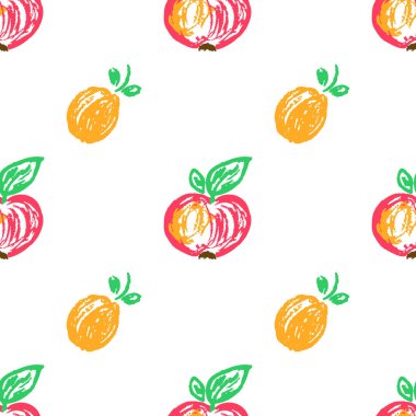 Fruit seamless pattern. Children's drawings with wax crayons. Apricots, apples. Print for cloth design, textile, fabric, wallpaper, wrapping paper