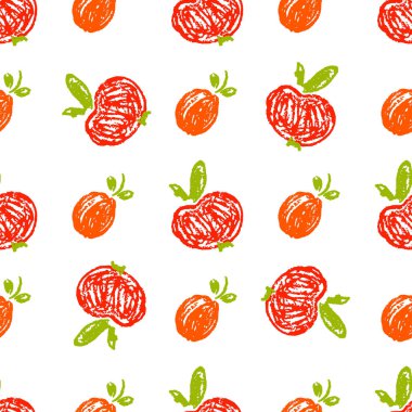 Fruit seamless pattern. Children's drawings with wax crayons. Apricots, apples. Print for cloth design, textile, fabric, wallpaper, wrapping