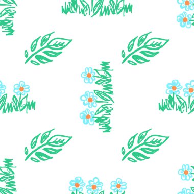 Girly seamless pattern. Children's drawings with wax crayons. Floral mood, chamomile. Print for cloth design, textile