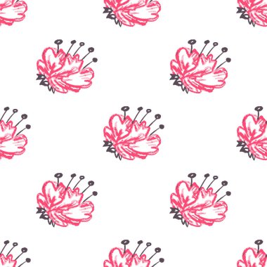 Girly seamless pattern. Flower mood, flowers. Children's drawings with wax crayons. Print for cloth