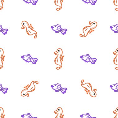 Marine seamless pattern. Children's drawings with wax crayons. Sea Horses. Print for cloth design, fabric, wallpaper, wrapping