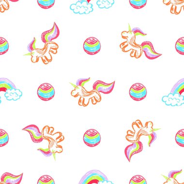 Magic seamless pattern. Unicorns. Children's drawings with wax crayons. Print