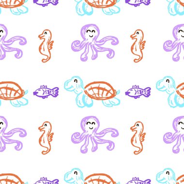 Marine seamless pattern. Children's drawings with wax crayons. Sea inhabitants. Print for cloth design