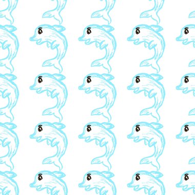 Marine seamless pattern. Dolphins. Children's drawings with wax crayons. Print for cloth design, textile, fabric