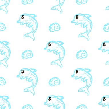 Marine seamless pattern. Dolphins. Children's drawings with wax crayons. Print for cloth design, textile, fabric, wallpaper, wrapping