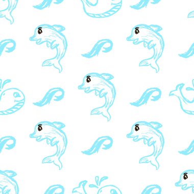 Marine seamless pattern. Dolphins. Children's drawings with wax crayons. Print for cloth design, textile