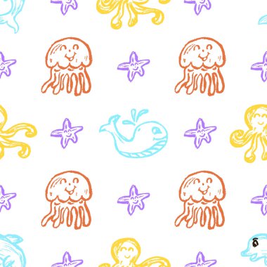 Marine seamless pattern. Sea inhabitants. Children's drawings with wax crayons. Print for cloth