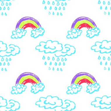 Sky seamless pattern. Children's drawings with wax crayons. Clouds, rainbow. Print for cloth design, textile, fabric