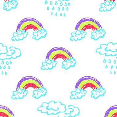 Sky seamless pattern. Children's drawings with wax crayons. Clouds, rainbow. Print for cloth design, textile