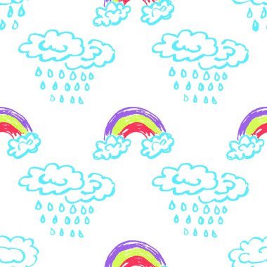 Sky seamless pattern. Children's drawings with wax crayons. Clouds, rainbow. Print for cloth design