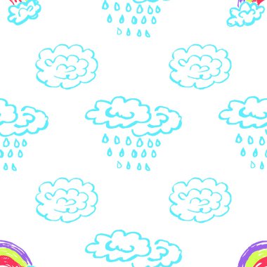 Sky seamless pattern. Children's drawings with wax crayons. Clouds, rainbow