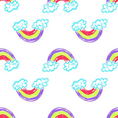 Sky seamless pattern. Children's drawings with wax crayons. Dreamy mood, rainbow. Print for design, textile, fabric