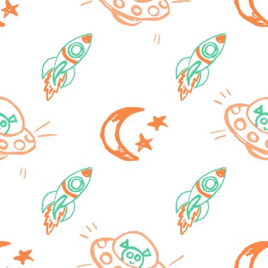 Space seamless pattern. Children's drawings with wax crayons. Rockets, ufo, galaxy. Print for cloth design, textile, fabric, wallpaper