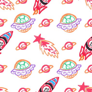 Space seamless pattern. Rockets, UFO, comets. Children's drawings with wax crayons. Print for cloth design, textile, fabric, wallpaper, wrapping paper