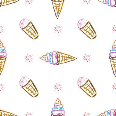 Sweets seamless pattern. Ice cream, desserts. Children's drawings with wax crayons. Print for cloth design, textile, fabric