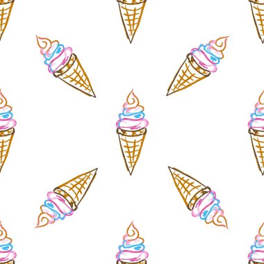 Sweets seamless pattern. Ice cream, desserts. Children's drawings with wax crayons. Print for cloth