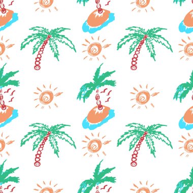 Tropical seamless pattern. Palms. Children's drawings with wax crayons. Print for cloth