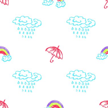 Umbrellas seamless pattern. Children's drawings with wax crayons. Clouds, rain. Print for cloth design, textile, fabric, wallpaper, wrapping paper