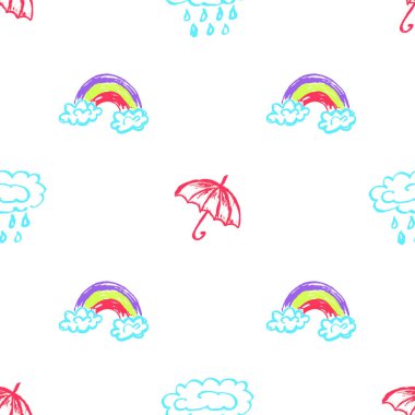 Umbrellas seamless pattern. Children's drawings with wax crayons. Clouds, rain. Print for cloth design, textile