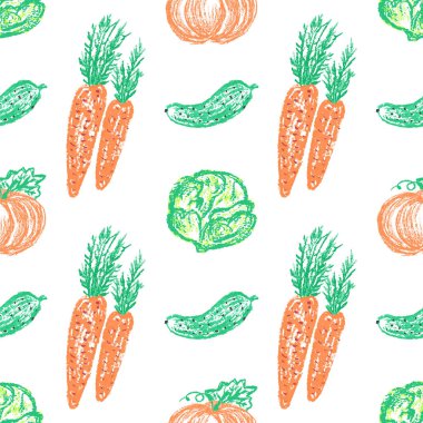 Vegetable seamless pattern. Children's drawings with wax crayons. Pumpkin, carrot. Print for cloth design, textile, fabric, wallpaper, wrapping paper