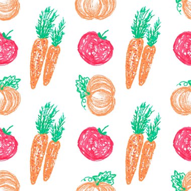Vegetable seamless pattern. Children's drawings with wax crayons. Pumpkin, carrot. Print for cloth design, textile, fabric, wallpaper
