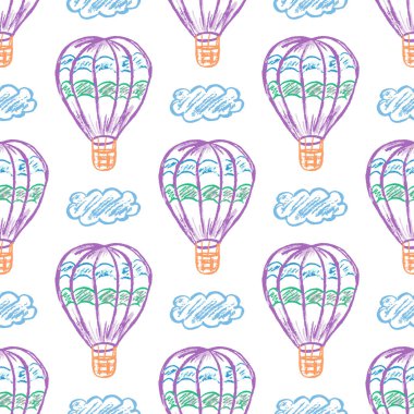Air transport seamless pattern. Children's drawings with wax crayons. Air balloons. Print for cloth design, textile, fabric