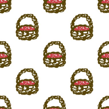 Autumn seamless pattern. Children's drawings with wax crayons. Basket with berries, mushrooms. Print for cloth design, textile, fabric, wallpaper, wrapping paper