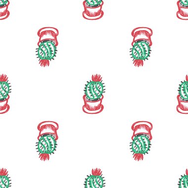Cactus seamless pattern. Children's drawings with wax crayons. Flowering cacti in pots. Print for cloth design, textile, fabric, wrapping paper