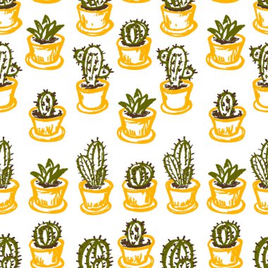 Cactus seamless pattern. Children's drawings with wax crayons. Home plants in pots. Print for cloth design, textile, fabric, wrapping paper