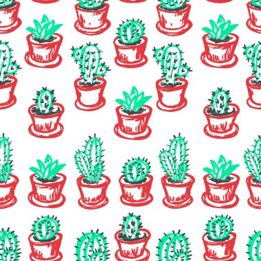 Cactus seamless pattern. Children's drawings with wax crayons. Home plants in pots. Print for cloth design, textile, fabric, wallpaper, wrapping paper