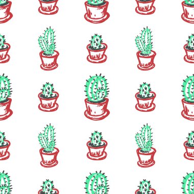 Cactus seamless pattern. Children's drawings with wax crayons. Home plants in pots. Print for cloth design