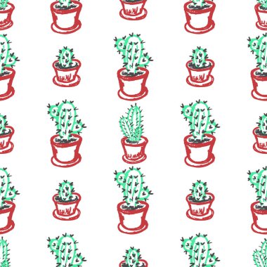 Cactus seamless pattern. Children's drawings with wax crayons. Home plants in pots. Print for cloth textile, wrapping paper