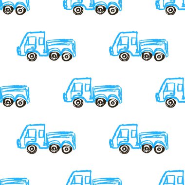 Cars seamless pattern. Truck. Children's drawings with wax crayons