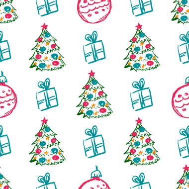 Christmas seamless pattern. Children's drawings with wax crayons. Christmas tree, gifts. Print for cloth design, textile, fabric